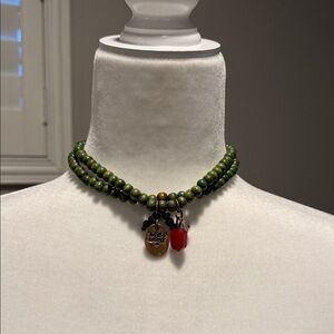 Chic Green Beaded Necklace with Red Charm